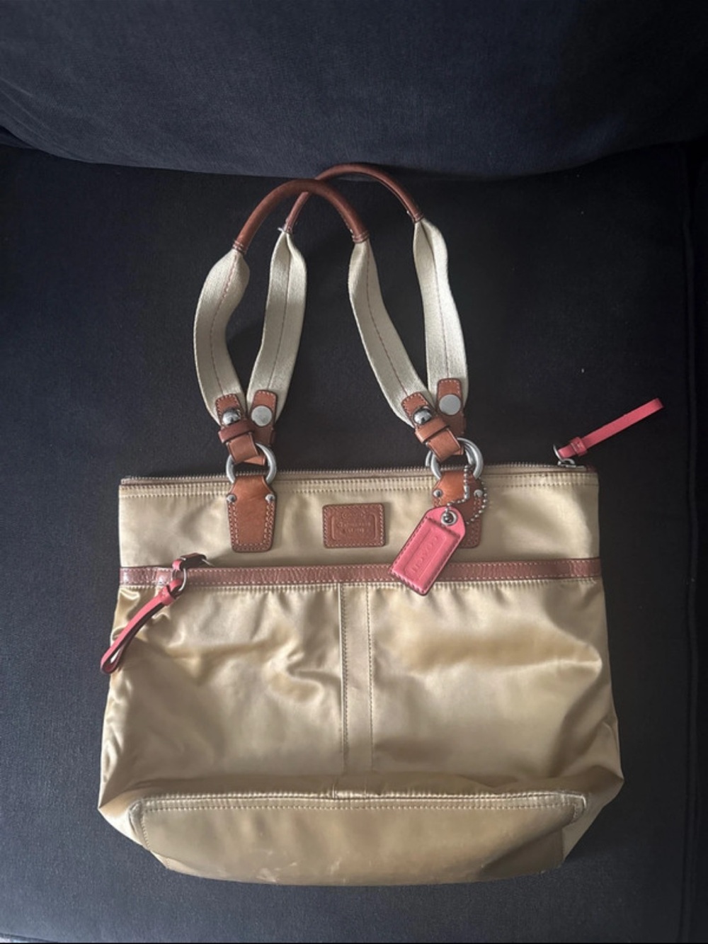 Coach Beige Canvas Tote with Brown Leather Trim and Pink Accents